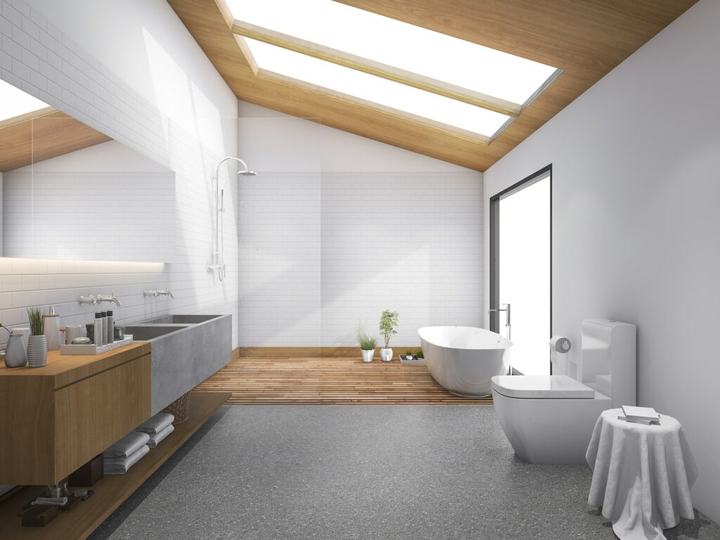 3d rendering skylight wood roof with modern design bathroom and toilet
